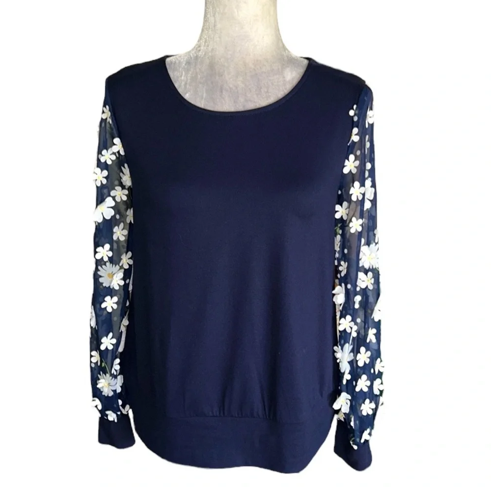Anthropologie Eva Franco Becky Navy Blue White Daisy Appliqué Top - XS